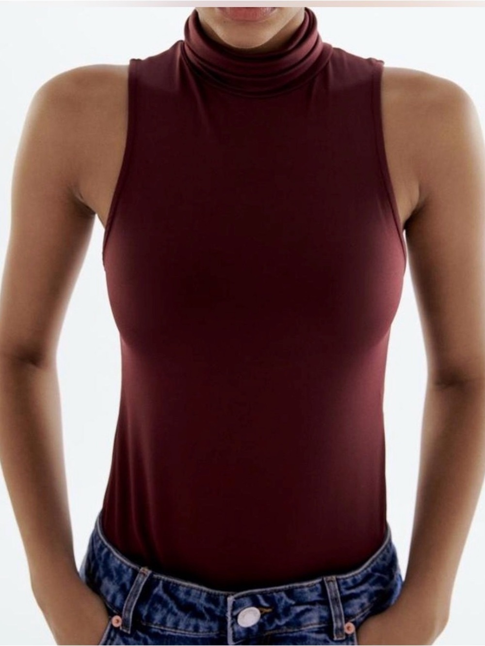 ZARA Burgundy Sleeveless Turtleneck Bodysuit Fitted Stretch High Neck Small